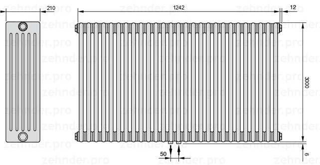 Схема (чертеж) Радиатор Zehnder Charleston 6300/27 №5410 Белый глянцевый RAL 9016